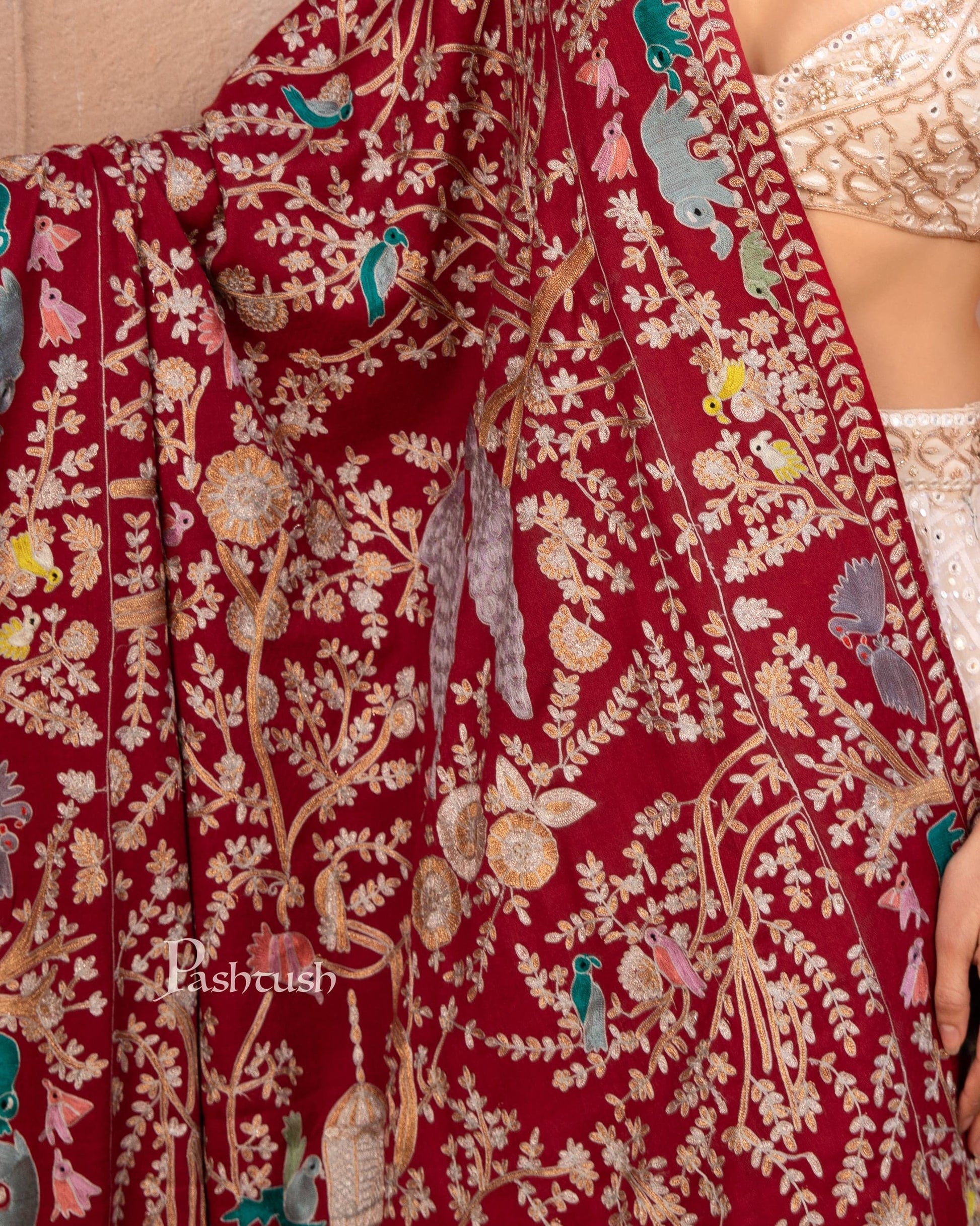 Pashtush India Womens Shawls Pashtush Womens Shawl, Kashmiri Yilla Embroidery, Royal Gardens of Paradise, Fine Wool, Crimson