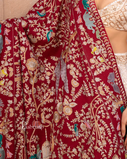 Pashtush India Womens Shawls Pashtush Womens Shawl, Kashmiri Yilla Embroidery, Royal Gardens of Paradise, Fine Wool, Crimson