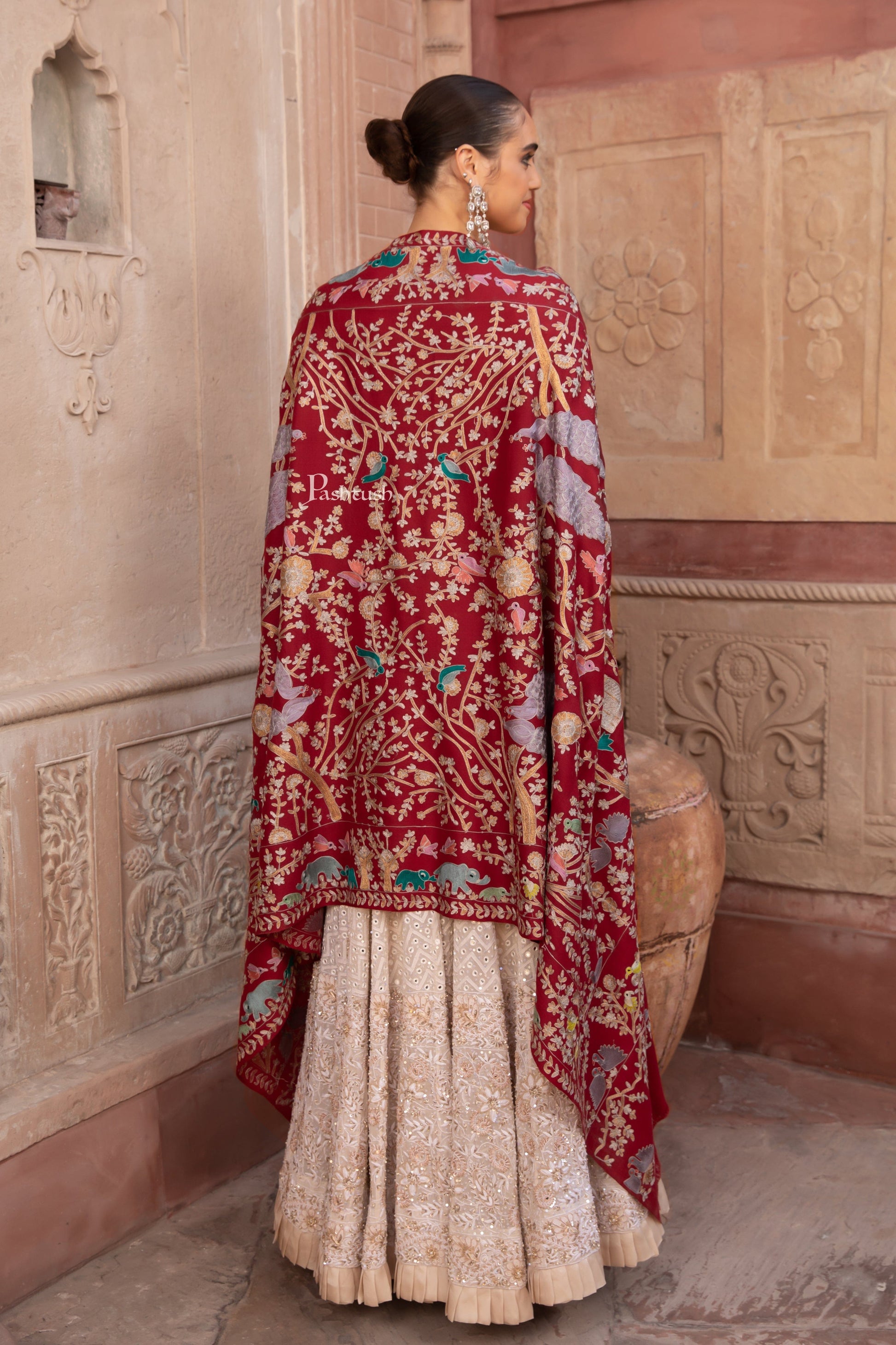Pashtush India Womens Shawls Pashtush Womens Shawl, Kashmiri Yilla Embroidery, Royal Gardens of Paradise, Fine Wool, Crimson