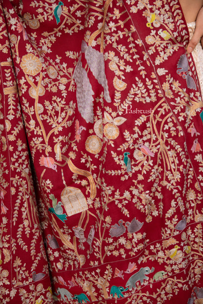 Pashtush India Womens Shawls Pashtush Womens Shawl, Kashmiri Yilla Embroidery, Royal Gardens of Paradise, Fine Wool, Crimson