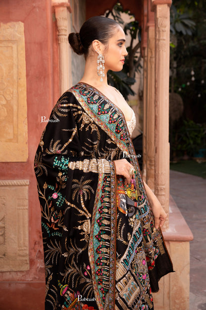 Pashtush India Womens Shawls Pashtush Womens Shawl, Tilla Embroidery, Raj Darbar, Silk Wool, Black