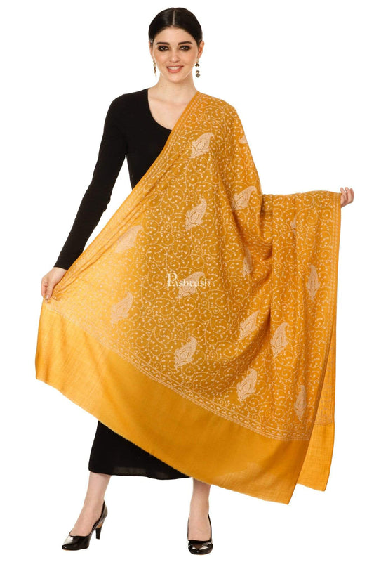 Pashtush Shawl Store Shawl Pashtush Womens Shawl, Tone on Tone Embroidery, Soft, Warm, Light Weight, Kashmiri Mustard