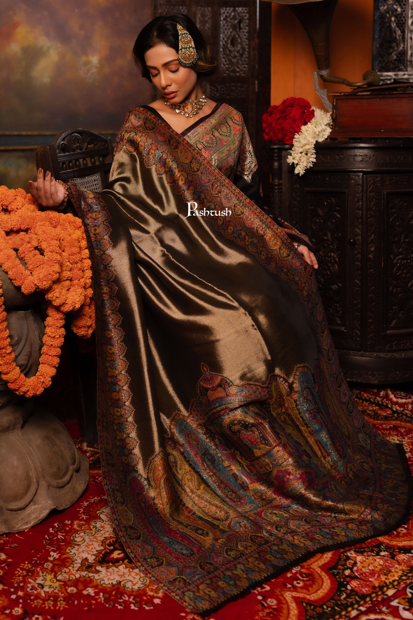 Pashtush India Womens Shawls Pashtush Womens Shawl, Twilight Collection, Fine Wool, Amber and Gold