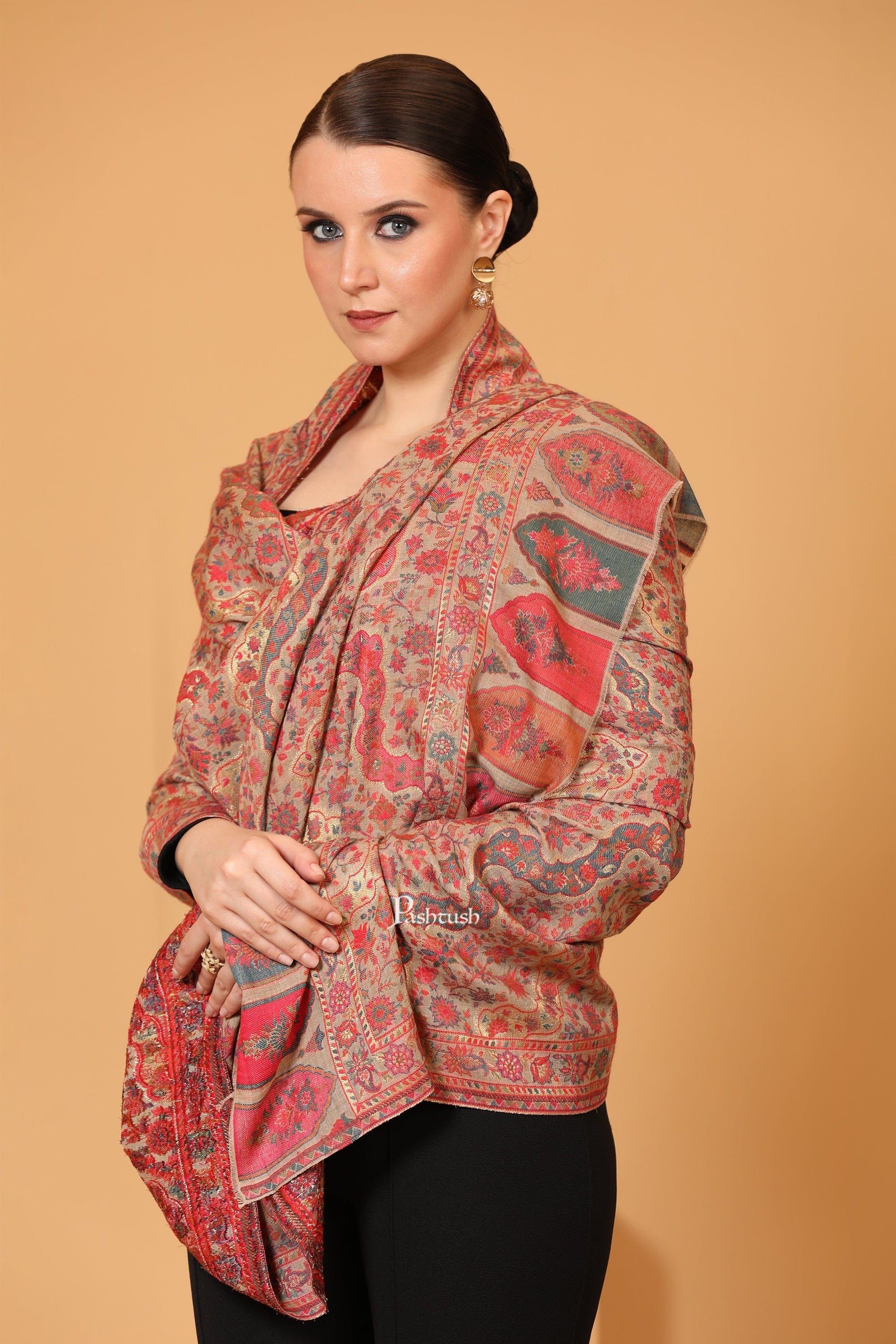 Pashtush India Womens Shawls Pashtush Womens Shawl, Twilight Collection, Metallic Ethnic Weave Design, Pastel Beige