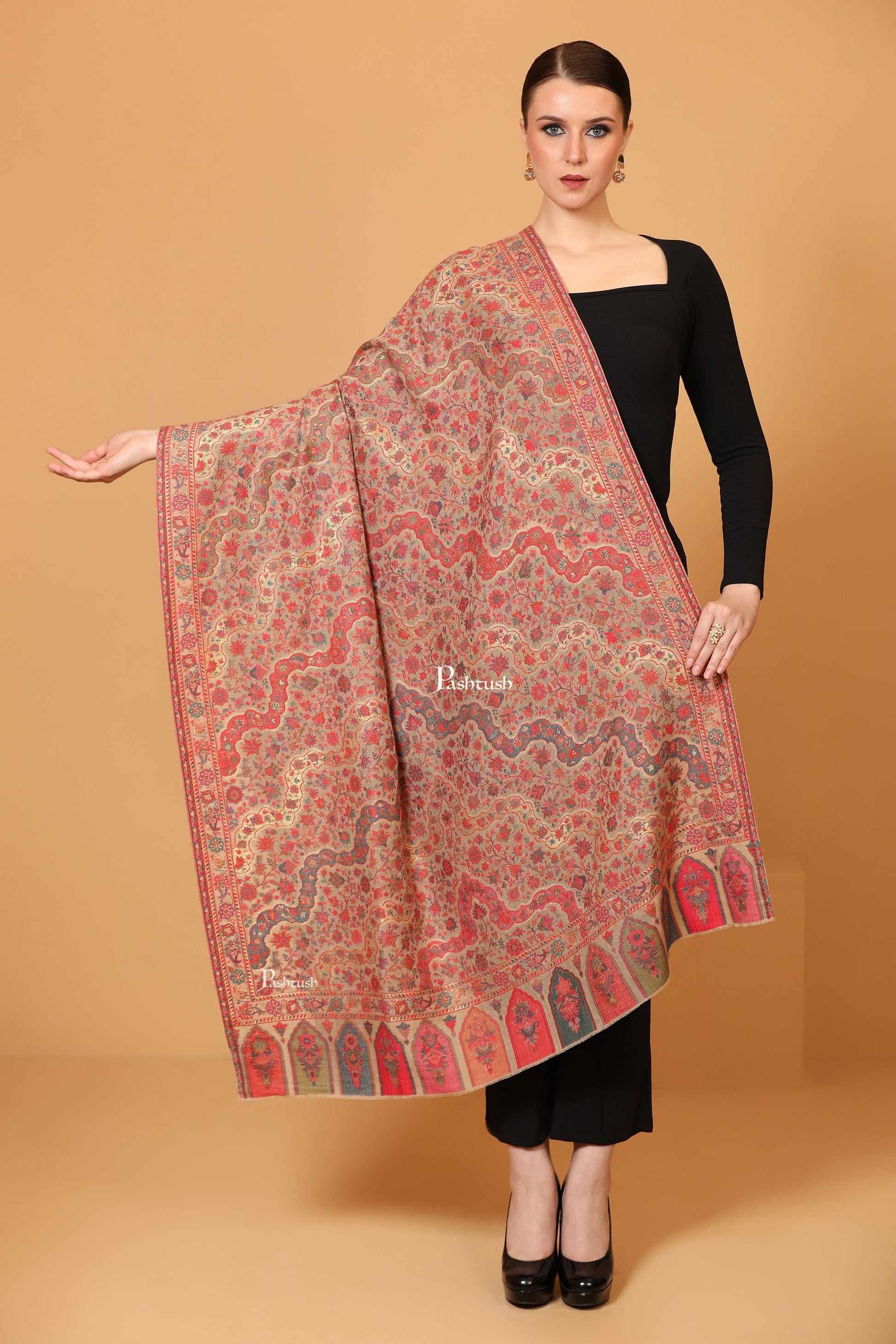 Pashtush India Womens Shawls Pashtush Womens Shawl, Twilight Collection, Metallic Ethnic Weave Design, Pastel Beige