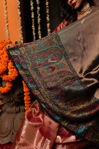 Pashtush India Womens Shawls Pashtush Womens Shawl, Twilight Collection, Palla border weave Fine Wool, Amber and Gold
