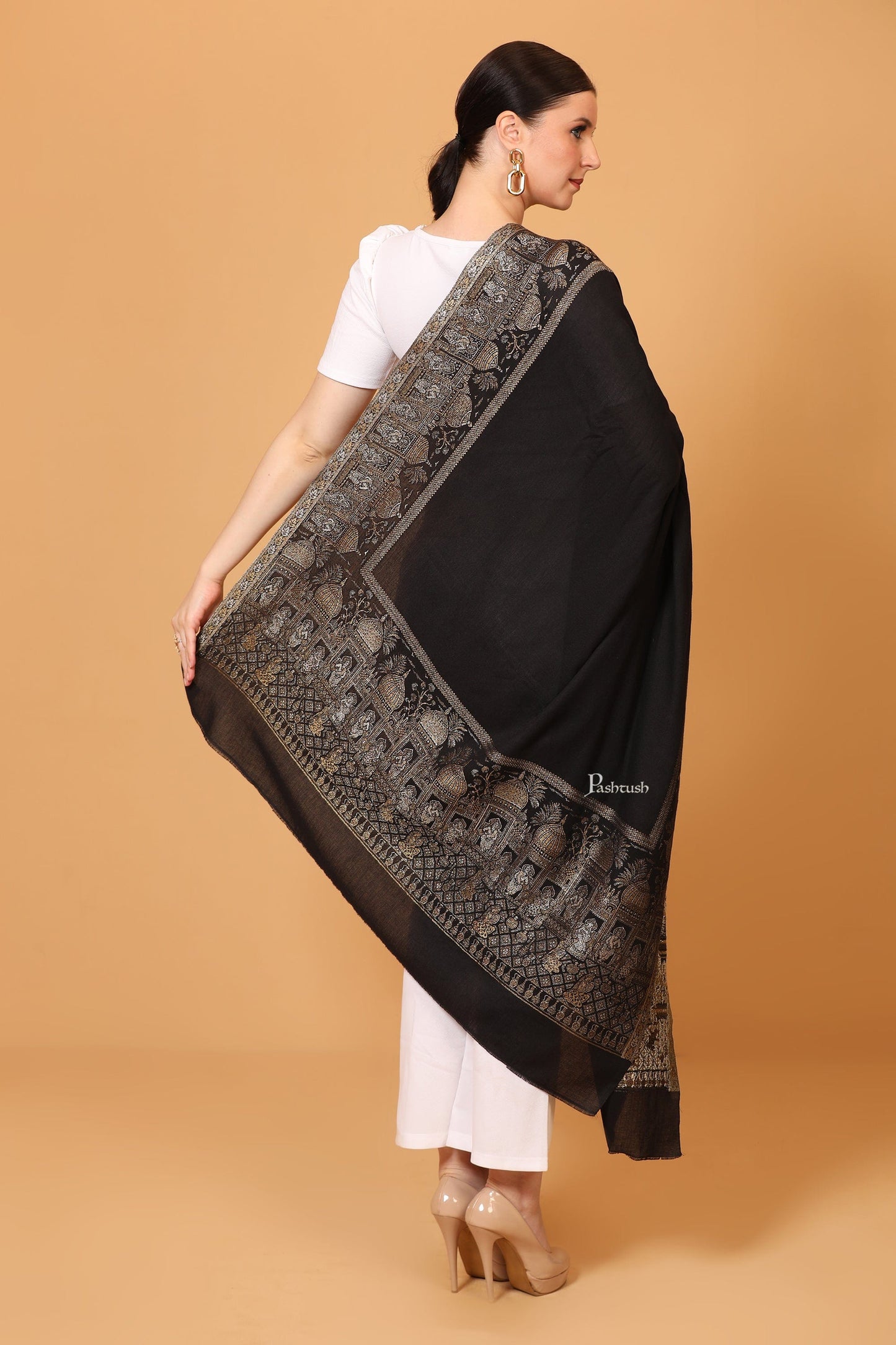 Pashtush India Womens Shawls Pashtush Womens Shawl, Twilight Collection, Royal Shamyana, Metallic Weave Design, Black