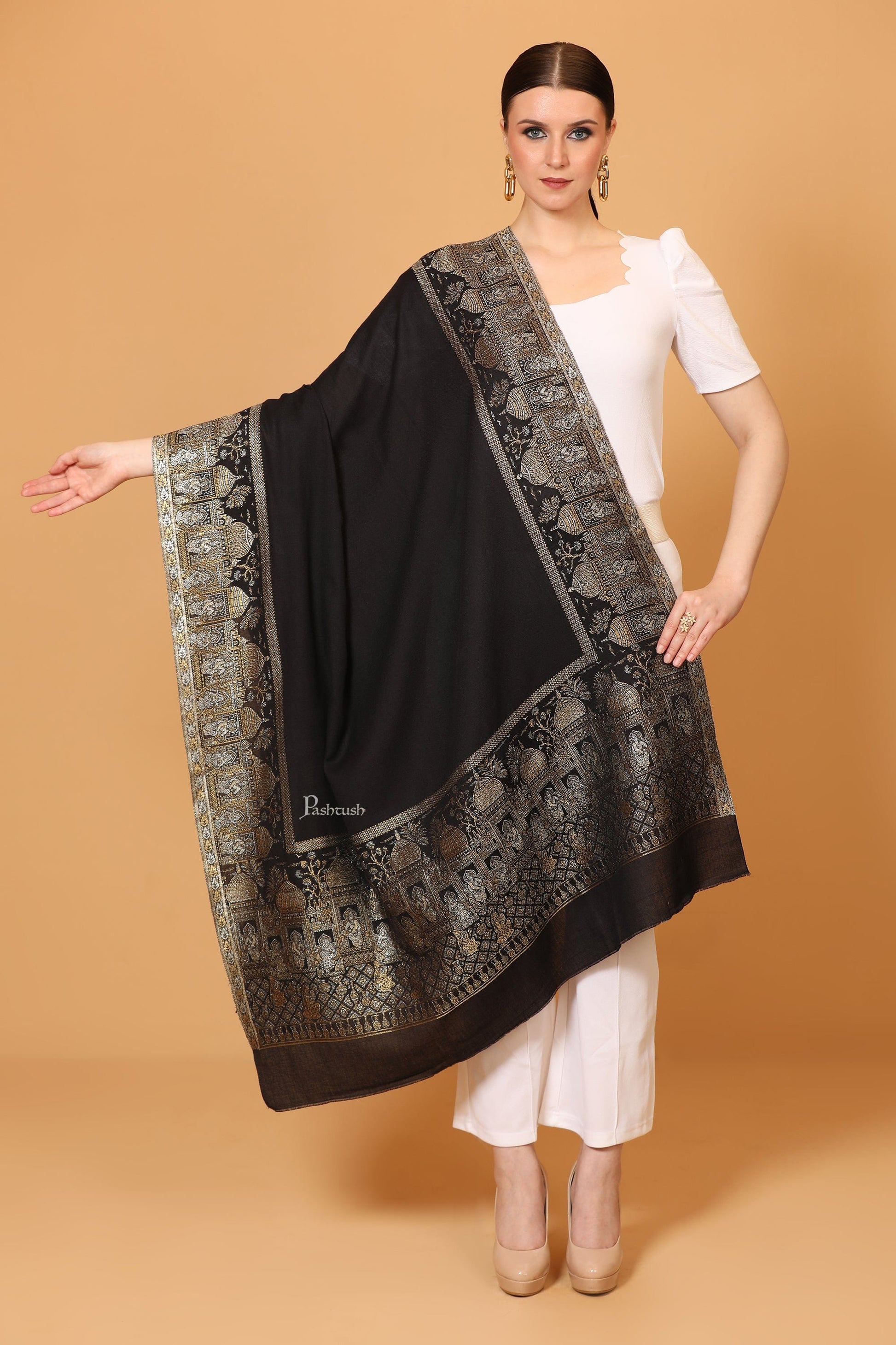 Pashtush India Womens Shawls Pashtush Womens Shawl, Twilight Collection, Royal Shamyana, Metallic Weave Design, Black