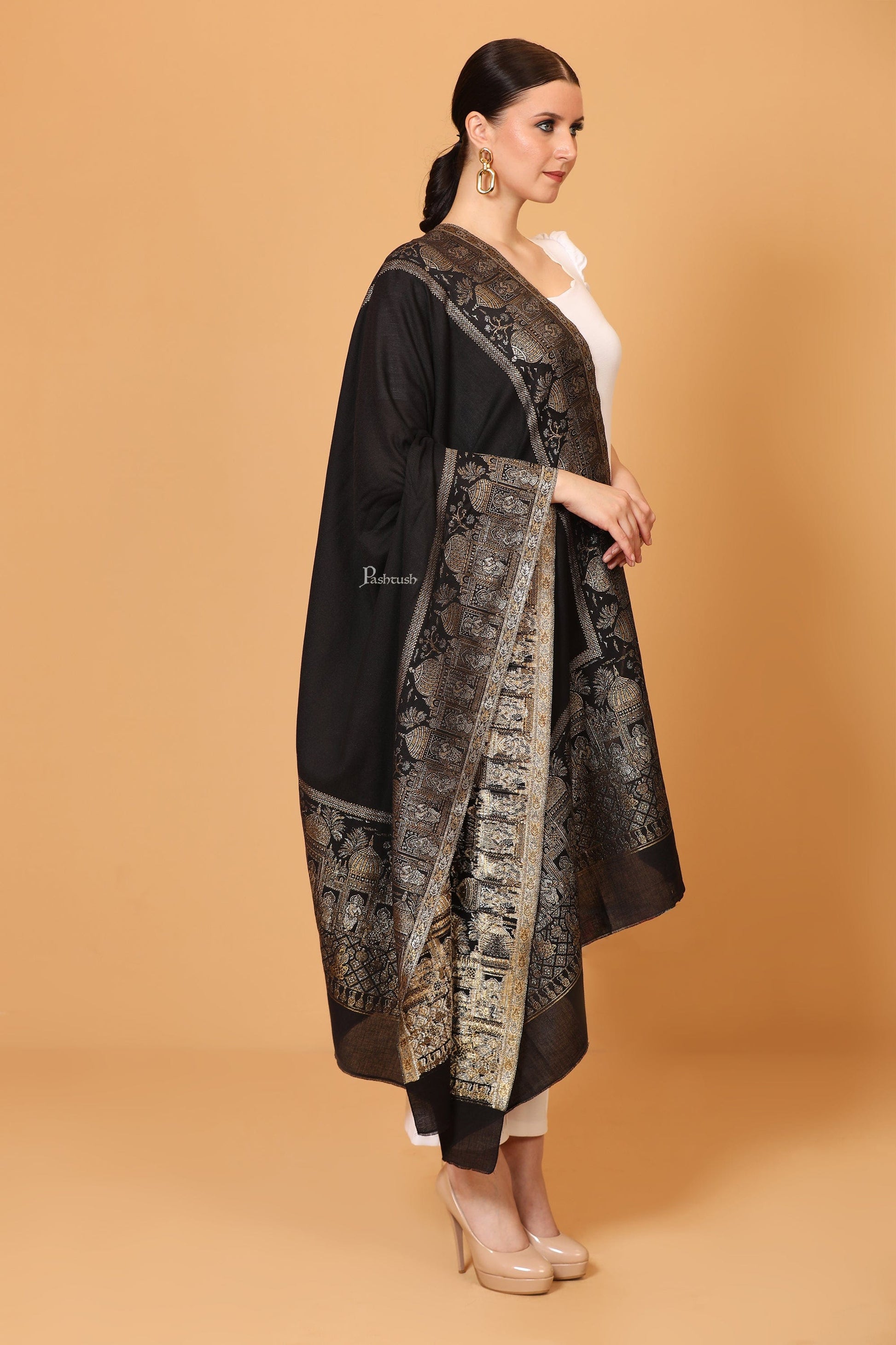 Pashtush India Womens Shawls Pashtush Womens Shawl, Twilight Collection, Royal Shamyana, Metallic Weave Design, Black