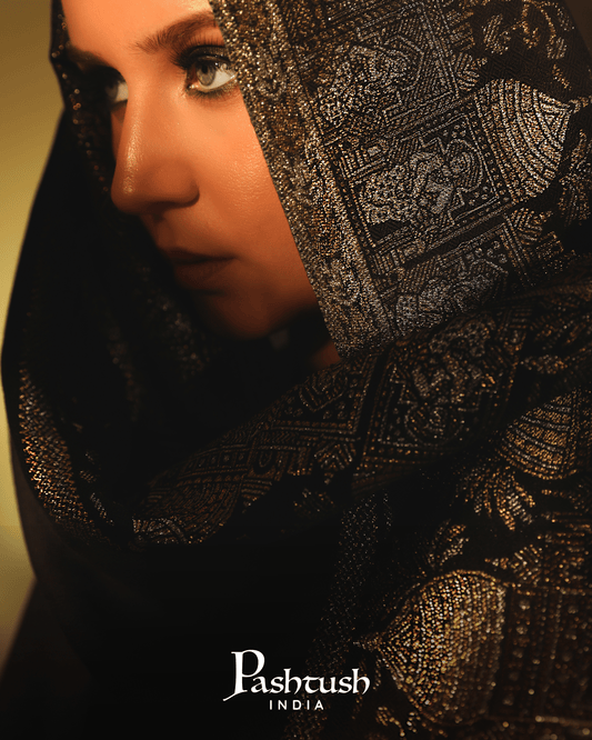 Pashtush India Womens Shawls Pashtush Womens Shawl, Twilight Collection, Royal Shamyana, Metallic Weave Design, Black
