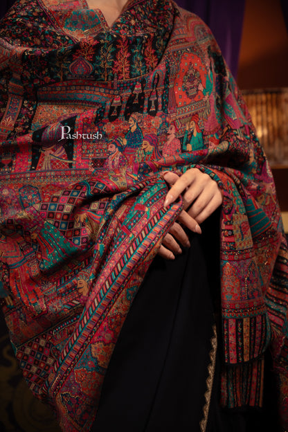 Pashtush India Womens Shawls Pashtush Womens Shawl, Twilight collection with woven royal darbar, fine wool, black