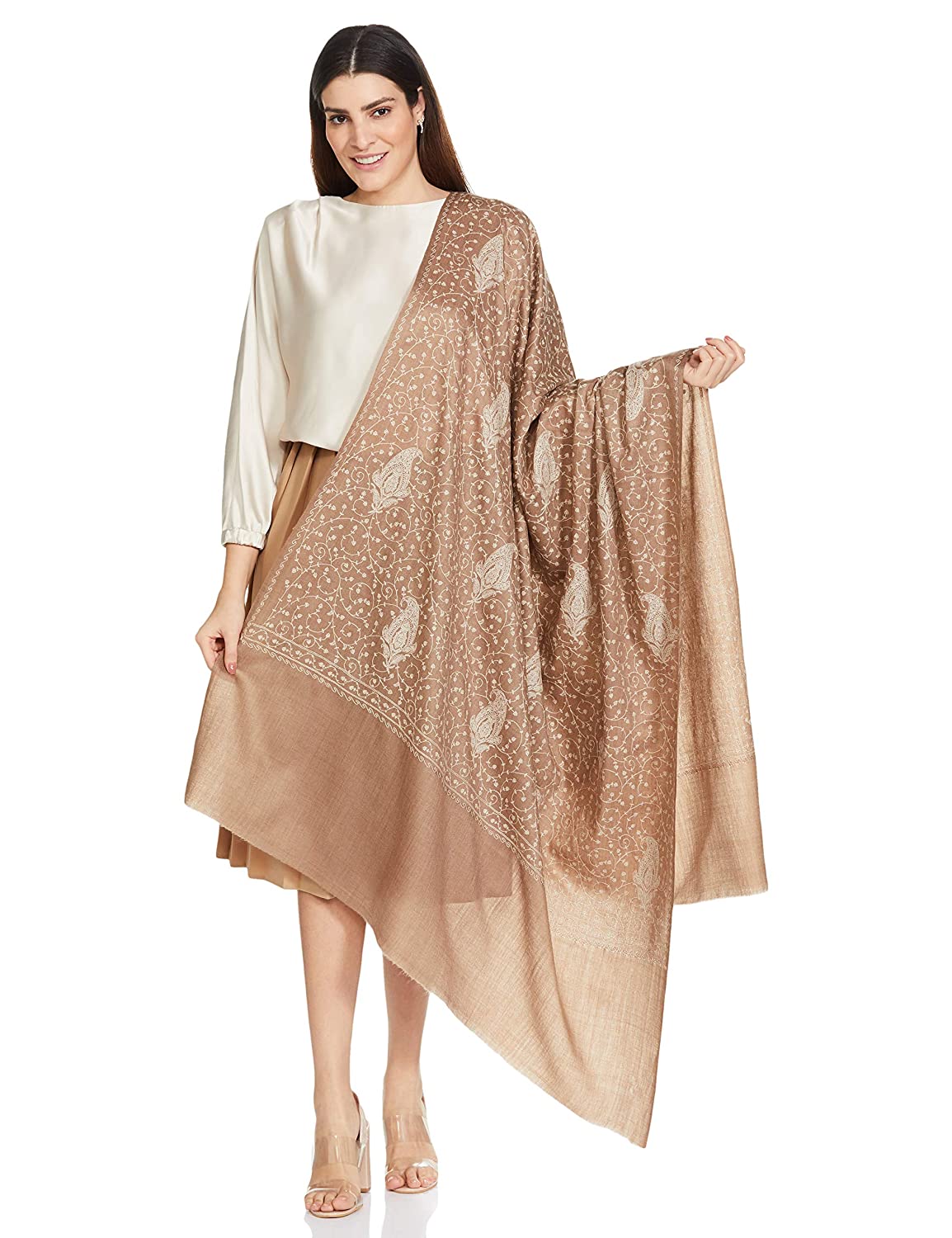 Pashtush India 100x200 Pashtush Womens Shawl With Tone On Tone Embroidery, Soft And Warm, Light Weight, Beige