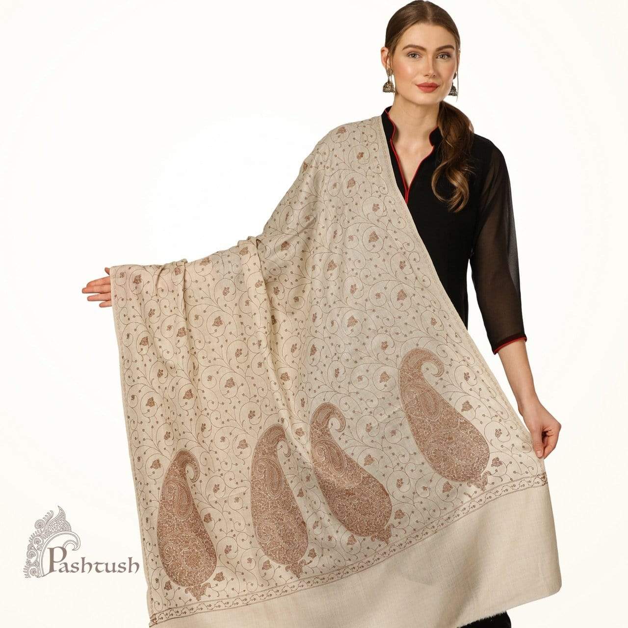 Pashtush Shawl Store Shawl Pashtush Womens Shawl with Tone on Tone Embroidery, Soft Warm, Light Weight Wool