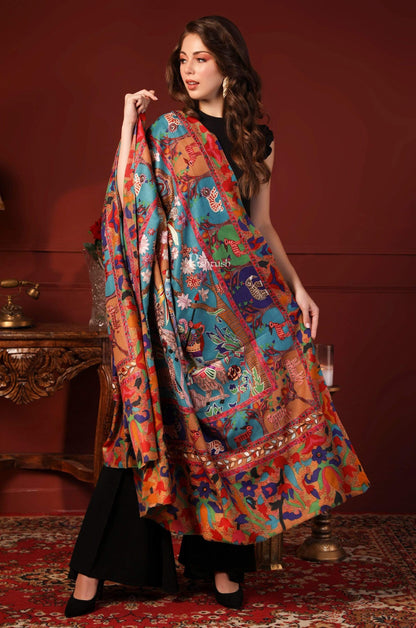 Pashtush India 100x200 PASHTUSH WOMENS SHIKAAR-DAR HAND EMBROIDERED, SHAWL IN FINE WOOL