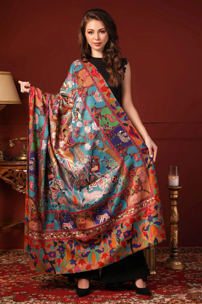 Pashtush India 100x200 PASHTUSH WOMENS SHIKAAR-DAR HAND EMBROIDERED, SHAWL IN FINE WOOL