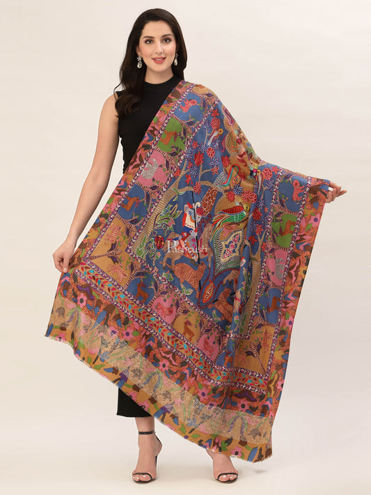 Pashtush India Mens Shawls Gents Shawl Pashtush Womens Shikaar-Dar Hand Embroidered, Shawl In Fine Wool