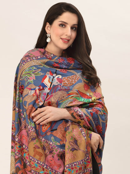 Pashtush India Mens Shawls Gents Shawl Pashtush Womens Shikaar-Dar Hand Embroidered, Shawl In Fine Wool