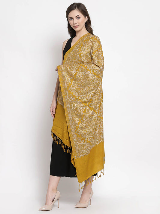 Pashtush India Womens Stoles and Scarves Scarf Pashtush Womens Silk-Fine Wool Blend Fine Wool, Nalki Embroidery, Rich Mustard