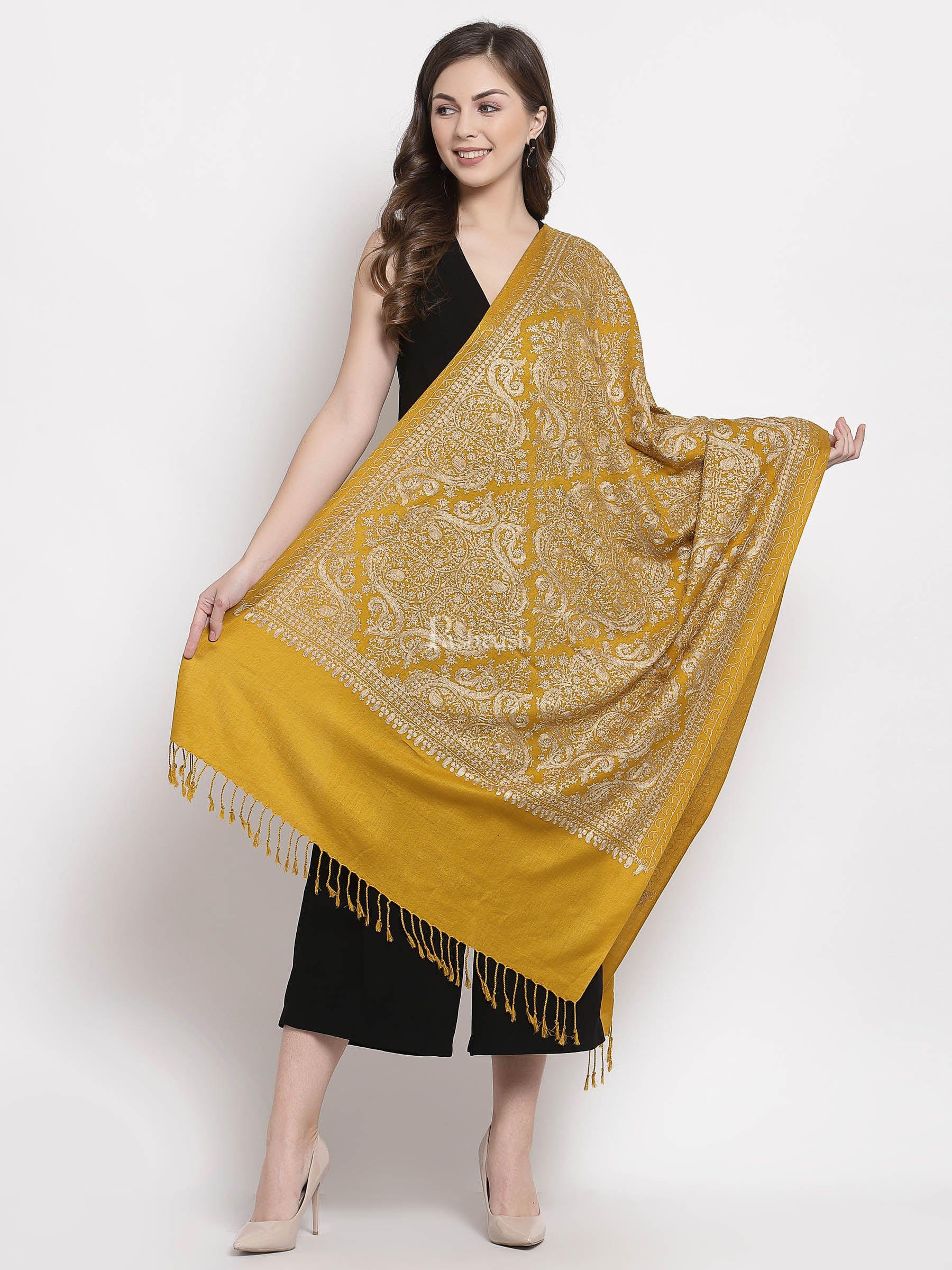 Pashtush India Womens Stoles and Scarves Scarf Pashtush Womens Silk-Fine Wool Blend Fine Wool, Nalki Embroidery, Rich Mustard