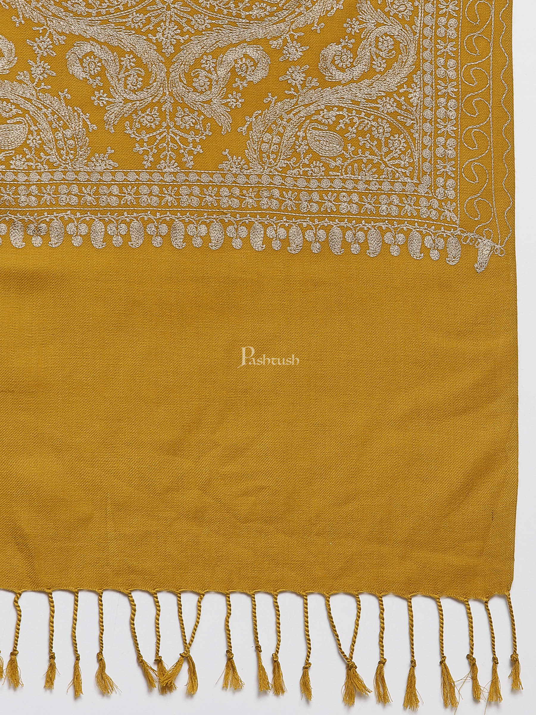 Pashtush India Womens Stoles and Scarves Scarf Pashtush Womens Silk-Fine Wool Blend Fine Wool, Nalki Embroidery, Rich Mustard