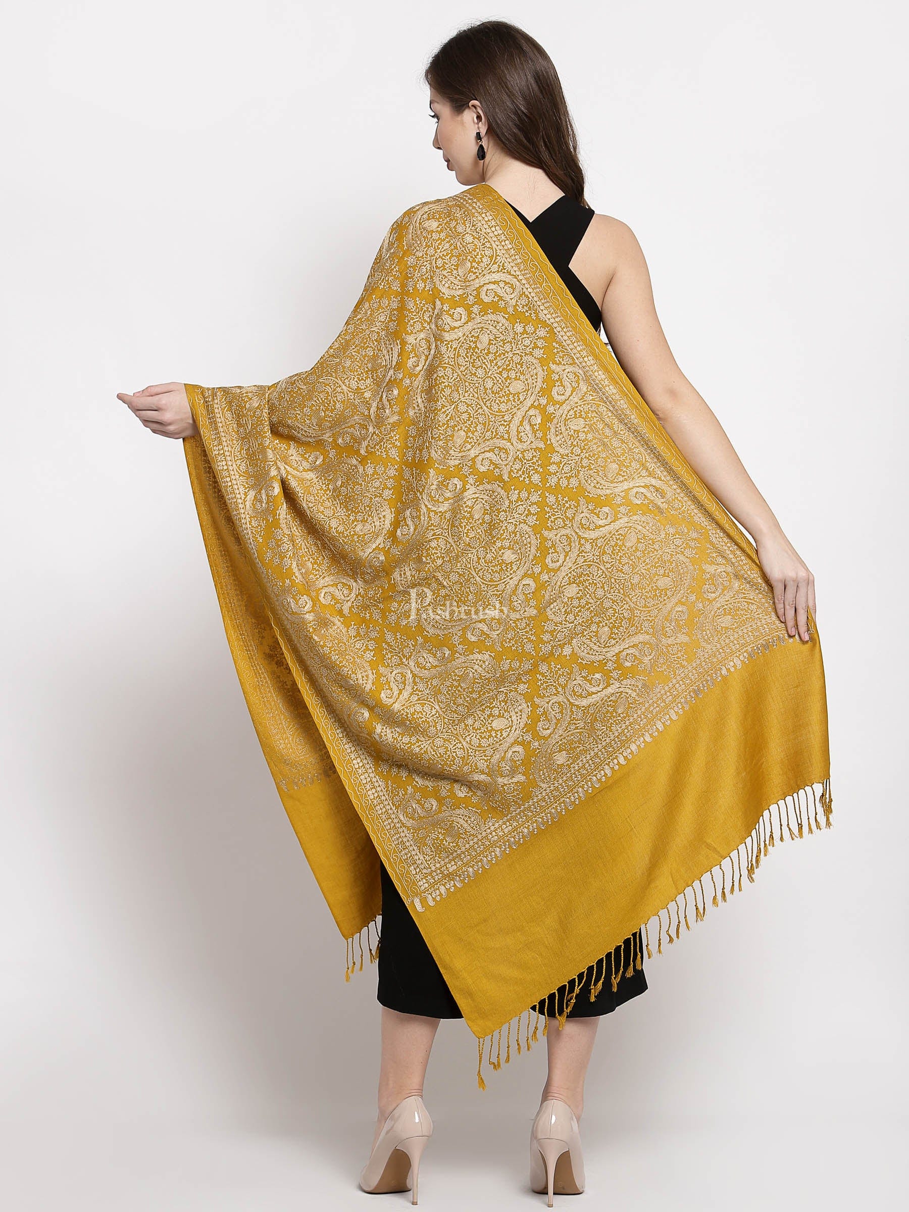 Pashtush India Womens Stoles and Scarves Scarf Pashtush Womens Silk-Fine Wool Blend Fine Wool, Nalki Embroidery, Rich Mustard