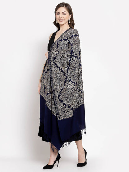 Pashtush India Womens Stoles and Scarves Scarf Pashtush Womens Silk-Fine Wool Blend Wool, Nalki Embroidery Needlework Stole Midnight Blue