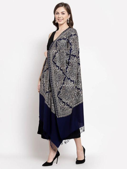 Pashtush India Womens Stoles and Scarves Scarf Pashtush Womens Silk-Fine Wool Blend Wool, Nalki Embroidery Needlework Stole Midnight Blue