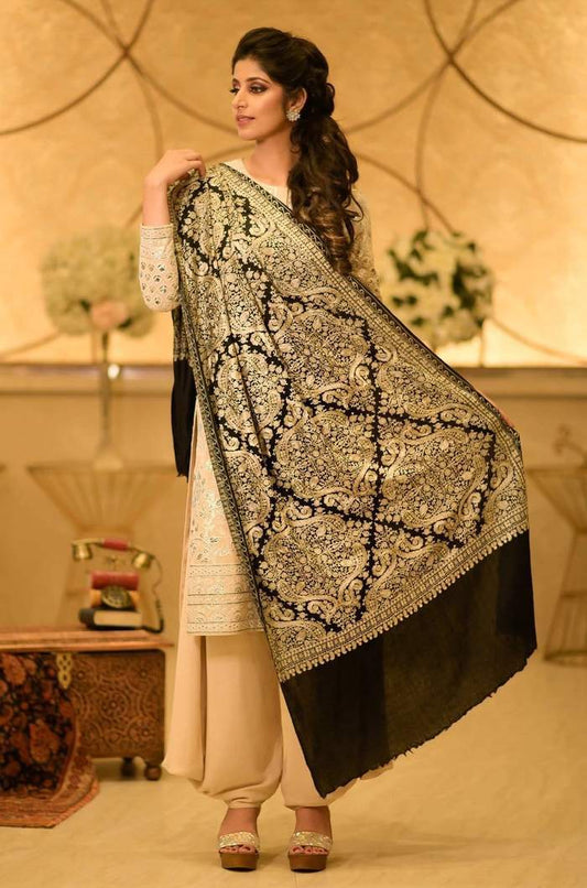 Pashtush India 70x200 Pashtush Womens Silk-Pashmina Fine Wool, Nalki Embroidery Needlework Stole, Black