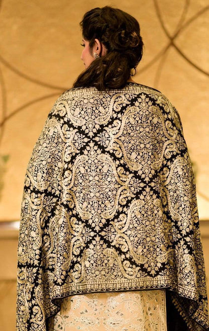 Pashtush India 70x200 Pashtush Womens Silk-Pashmina Fine Wool, Nalki Embroidery Needlework Stole, Black