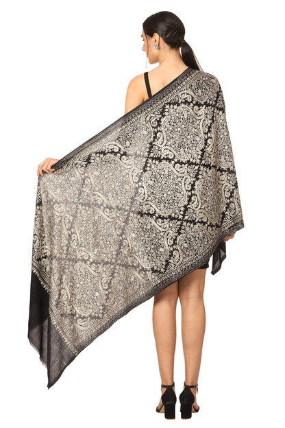Pashtush India 70x200 Pashtush Womens Silk-Pashmina Fine Wool, Nalki Embroidery Needlework Stole, Black