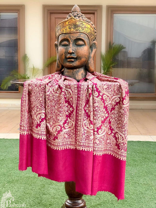 Pashtush Store Stole Pashtush Womens Silk-Pashmina Fine Wool, Nalki Embroidery Needlework Stole (28x80 inches) Deep Pink