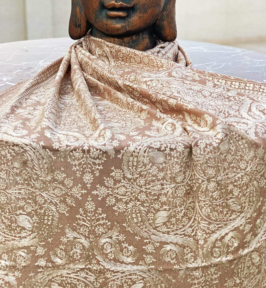 Pashtush Store Stole Pashtush Womens Silk-Pashmina Fine Wool, Nalki Embroidery Needlework Stole (28x80 inches) Nude Biege