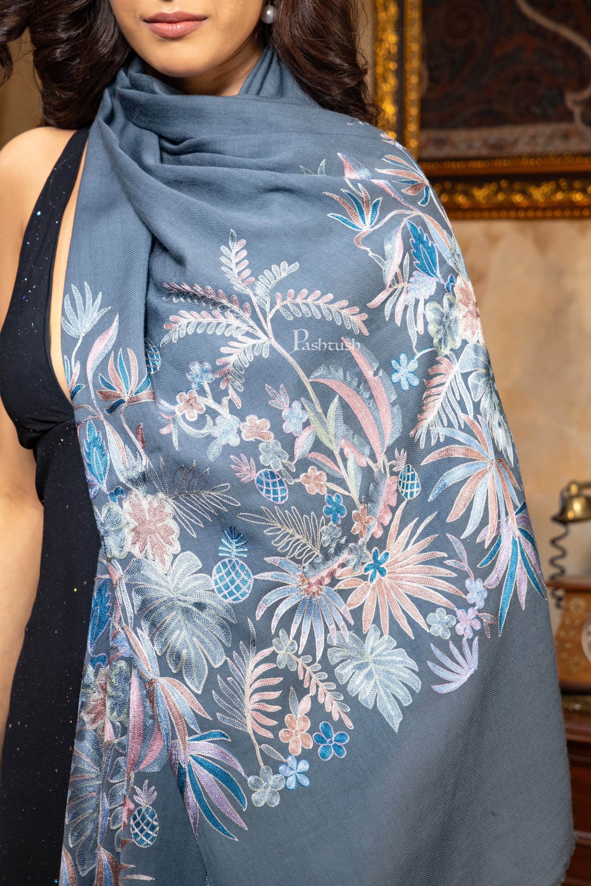 Pashtush India Womens Shawls Pashtush Womens Silk Wool Stole, Extra Fine Hand Embroidery, Topical Paradise, Melange Grey