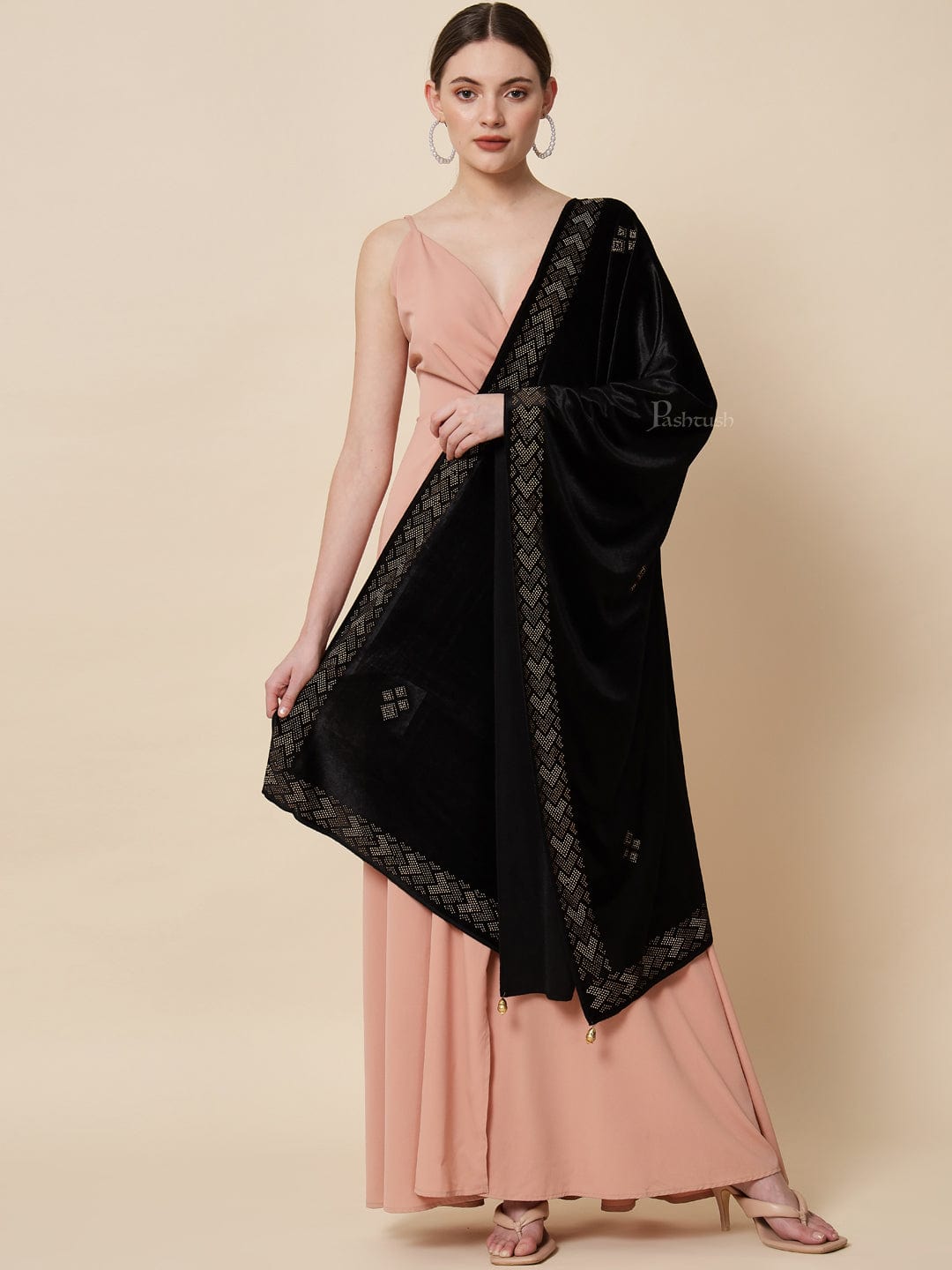 Pashtush India Womens Stoles and Scarves Scarf Pashtush Womens Soft Velvet Stole, Embellished With Shimmery Crystal Work, Black