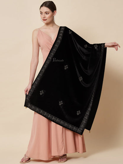 Pashtush India Womens Stoles and Scarves Scarf Pashtush Womens Soft Velvet Stole, Embellished With Shimmery Crystal Work, Black