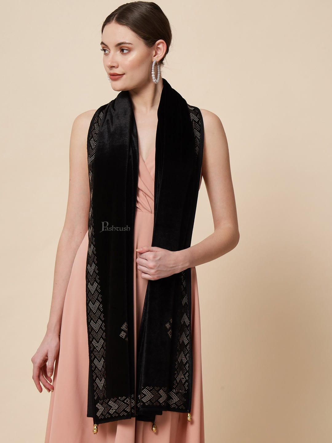 Pashtush India Womens Stoles and Scarves Scarf Pashtush Womens Soft Velvet Stole, Embellished With Shimmery Crystal Work, Black