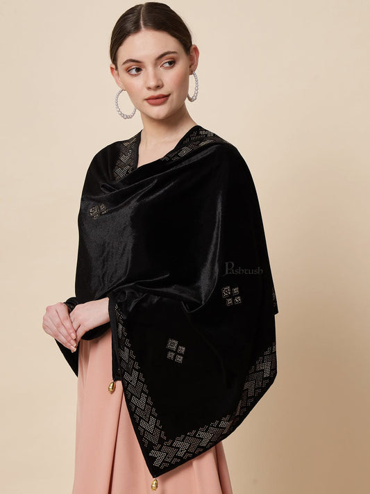 Pashtush India Womens Stoles and Scarves Scarf Pashtush Womens Soft Velvet Stole, Embellished With Shimmery Crystal Work, Black