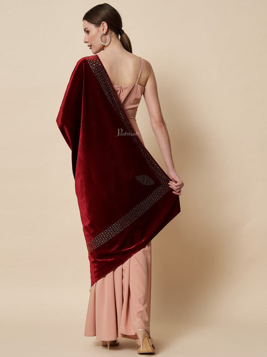 Pashtush India Womens Stoles and Scarves Scarf Pashtush Womens Soft Velvet Stole, Embellished With Shimmery Crystal Work, Maroon