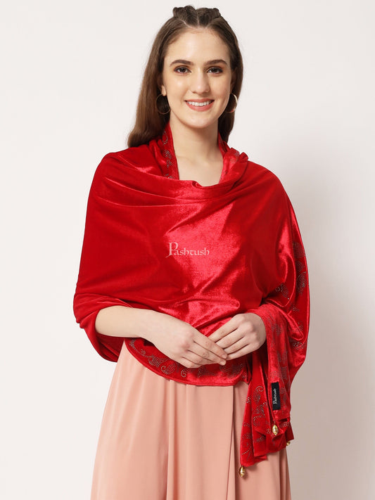 Pashtush India Womens Stoles and Scarves Scarf Pashtush Womens Soft Velvet Stole, Embellished With Shimmery Crystal Work, Red