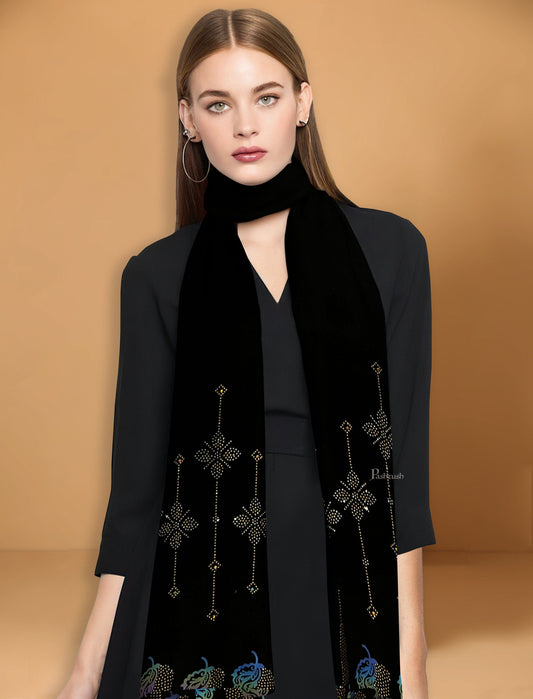 Pashtush India Womens Stoles and Scarves Scarf Pashtush Womens Soft Velvet Stole, Embellished With Shimmery Crystal Work, Twilight Collection, Black
