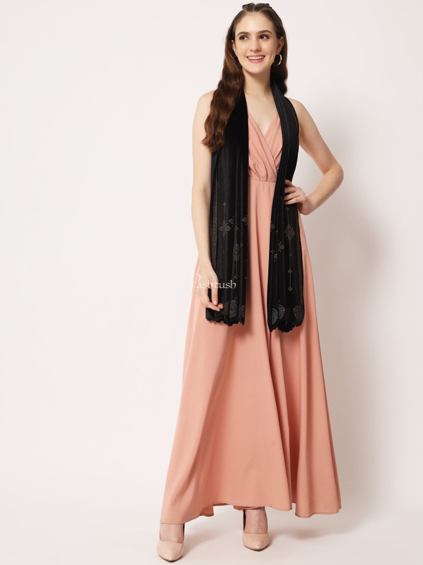 Pashtush India Womens Stoles and Scarves Scarf Pashtush Womens Soft Velvet Stole, Embellished With Shimmery Crystal Work, Twilight Collection, Black