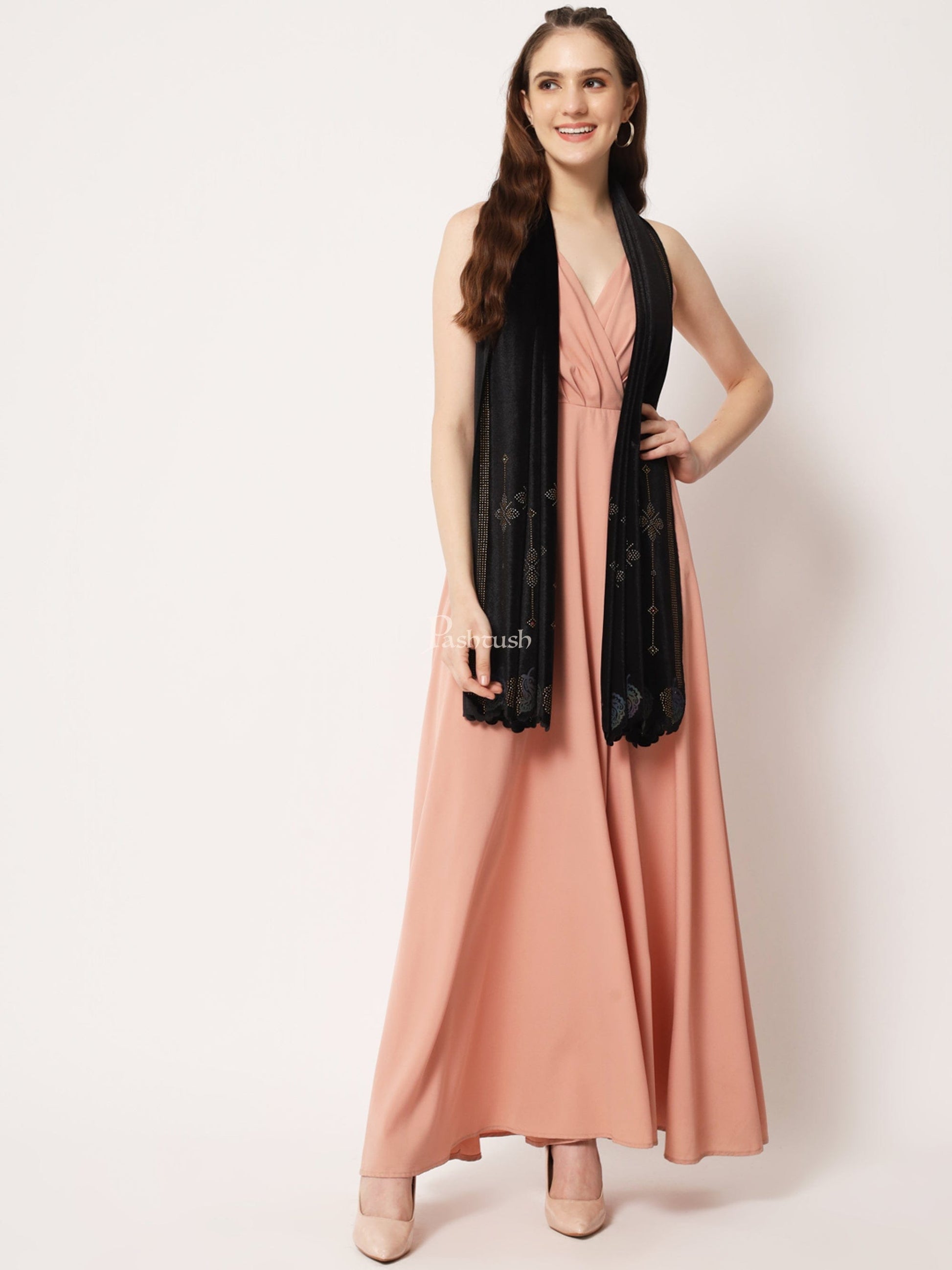 Pashtush India Womens Stoles and Scarves Scarf Pashtush Womens Soft Velvet Stole, Embellished With Shimmery Crystal Work, Twilight Collection, Black