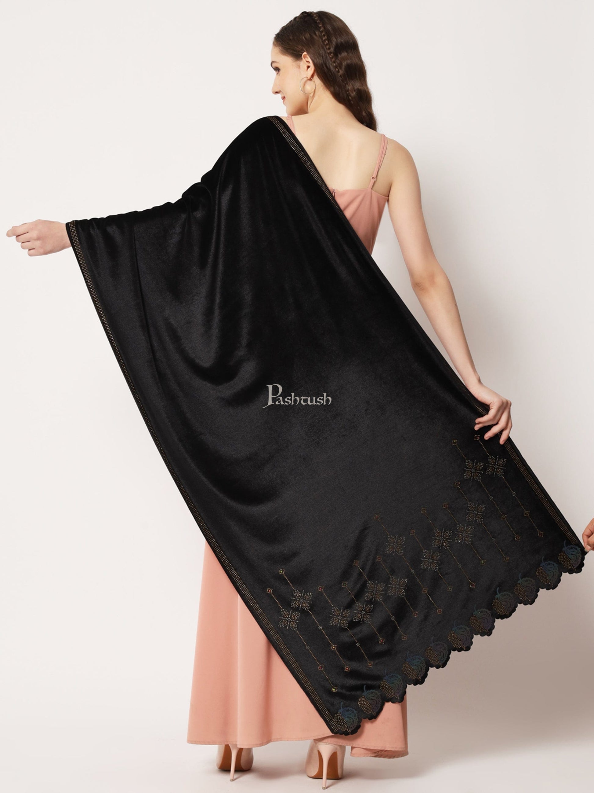 Pashtush India Womens Stoles and Scarves Scarf Pashtush Womens Soft Velvet Stole, Embellished With Shimmery Crystal Work, Twilight Collection, Black