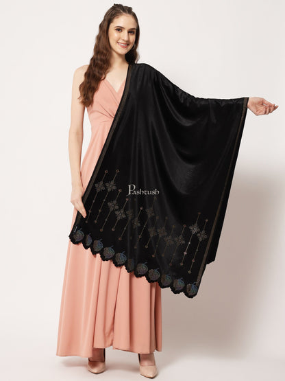 Pashtush India Womens Stoles and Scarves Scarf Pashtush Womens Soft Velvet Stole, Embellished With Shimmery Crystal Work, Twilight Collection, Black