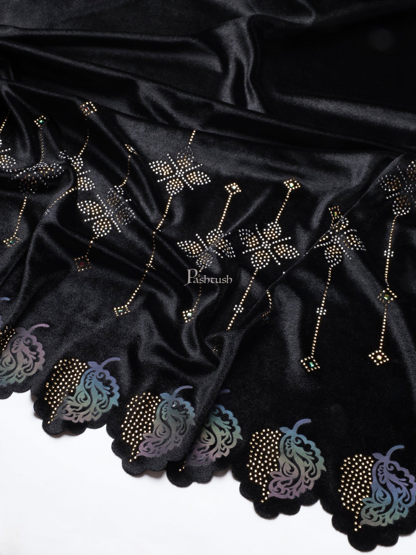 Pashtush India Womens Stoles and Scarves Scarf Pashtush Womens Soft Velvet Stole, Embellished With Shimmery Crystal Work, Twilight Collection, Black