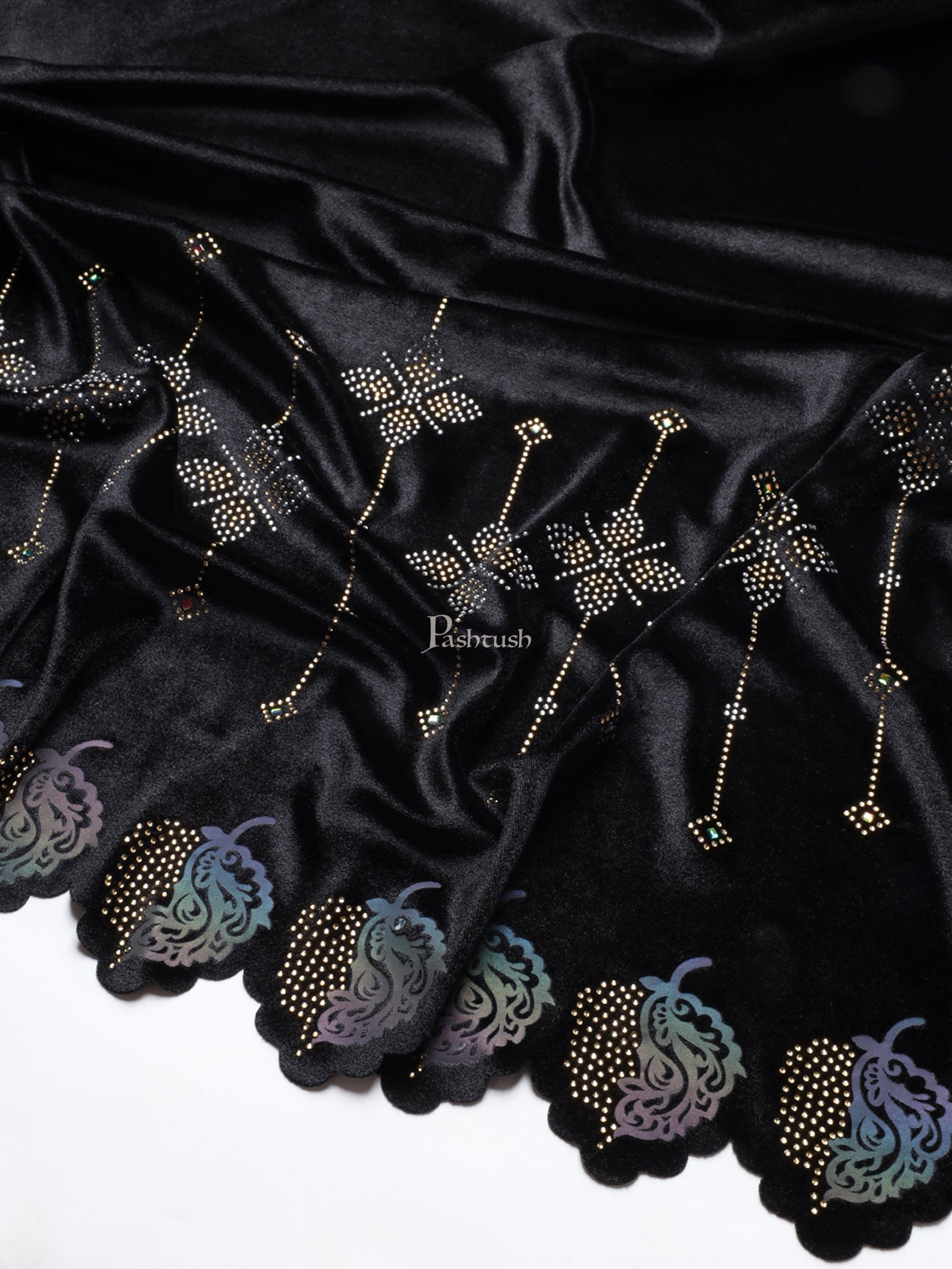 Pashtush India Womens Stoles and Scarves Scarf Pashtush Womens Soft Velvet Stole, Embellished With Shimmery Crystal Work, Twilight Collection, Black