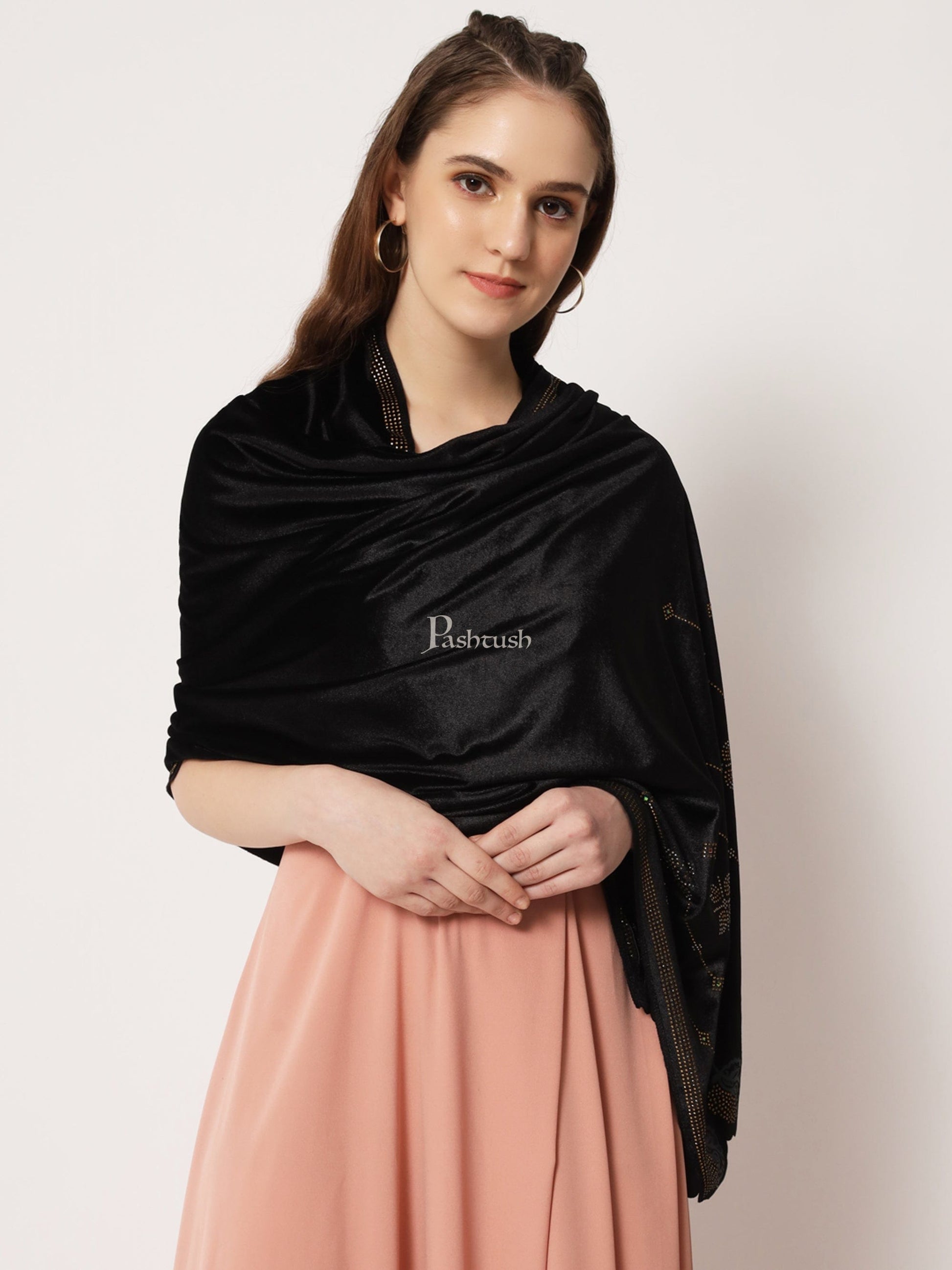 Pashtush India Womens Stoles and Scarves Scarf Pashtush Womens Soft Velvet Stole, Embellished With Shimmery Crystal Work, Twilight Collection, Black