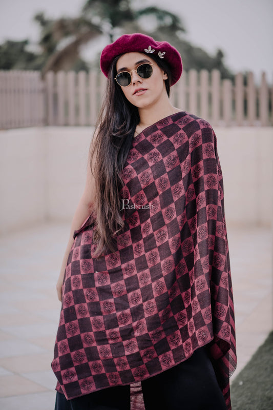 Pashtush India Womens Stoles and Scarves Scarf Pashtush Womens Soft Wool Scarf, Checkered Weave, Black And Maroon