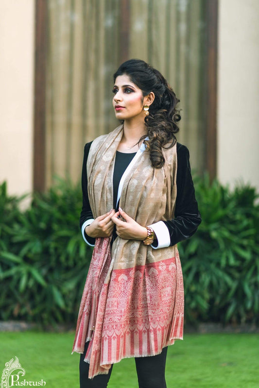 Pashtush Store Shawl Pashtush Womens Soft Wool Shawl, Jacquard design, Beige and Maroon Shawl