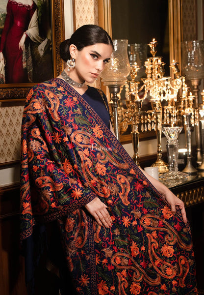 Pashtush India Womens Stoles and Scarves Scarf Pashtush Womens Stole, aari embroidery, Victorian Paisleys, Navy Blue